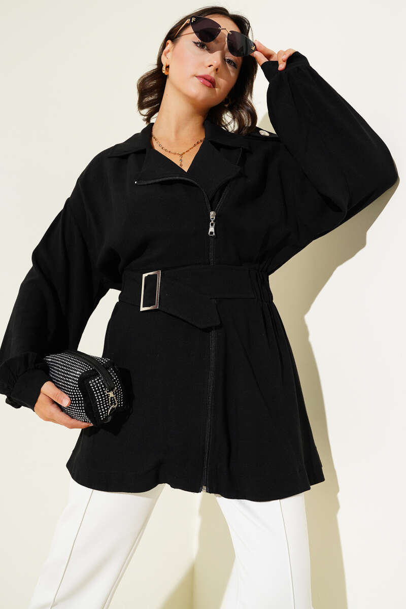 Belted Jacket with Diagonal Zip - Black