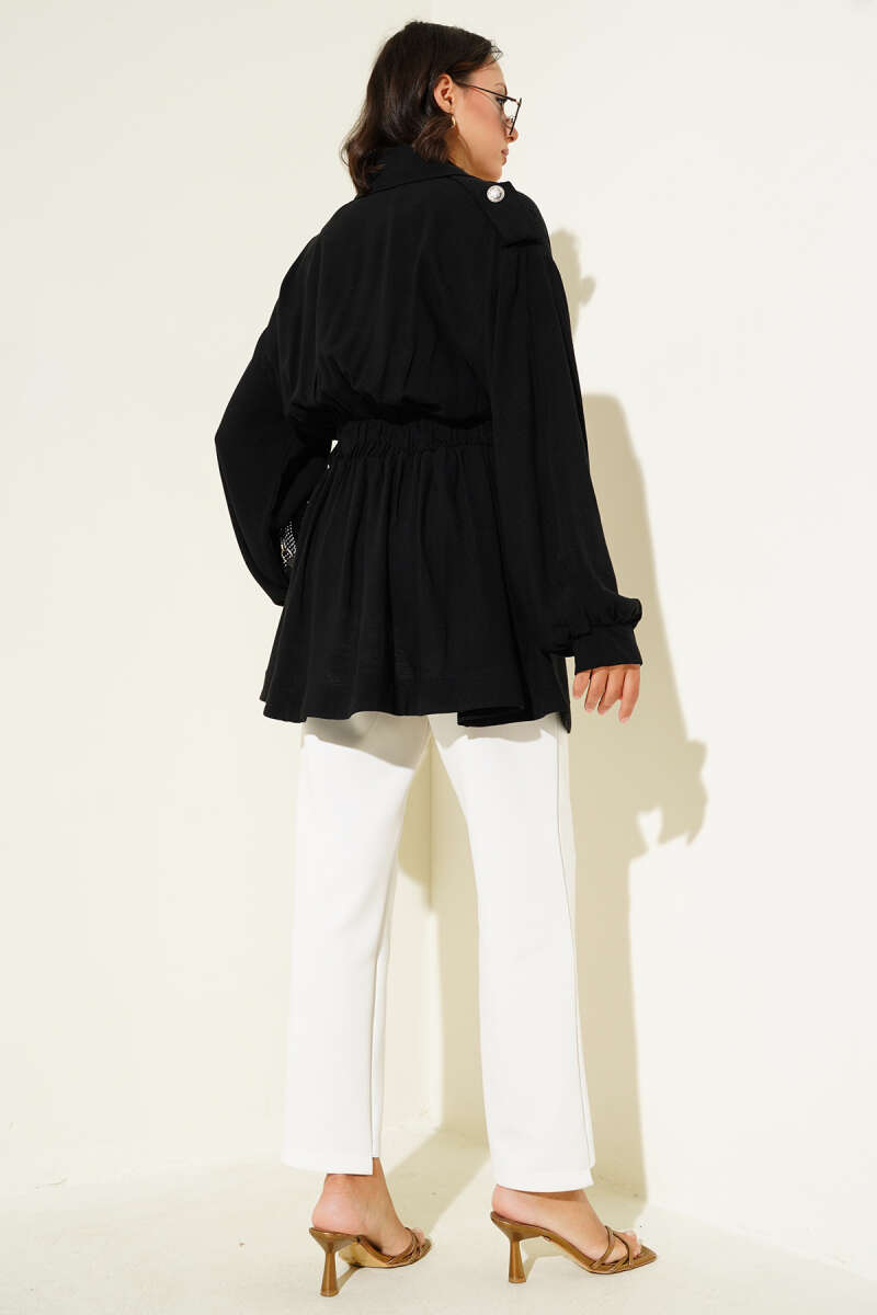 Belted Jacket with Diagonal Zip - Black