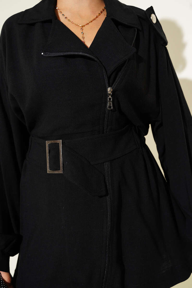 Belted Jacket with Diagonal Zip - Black