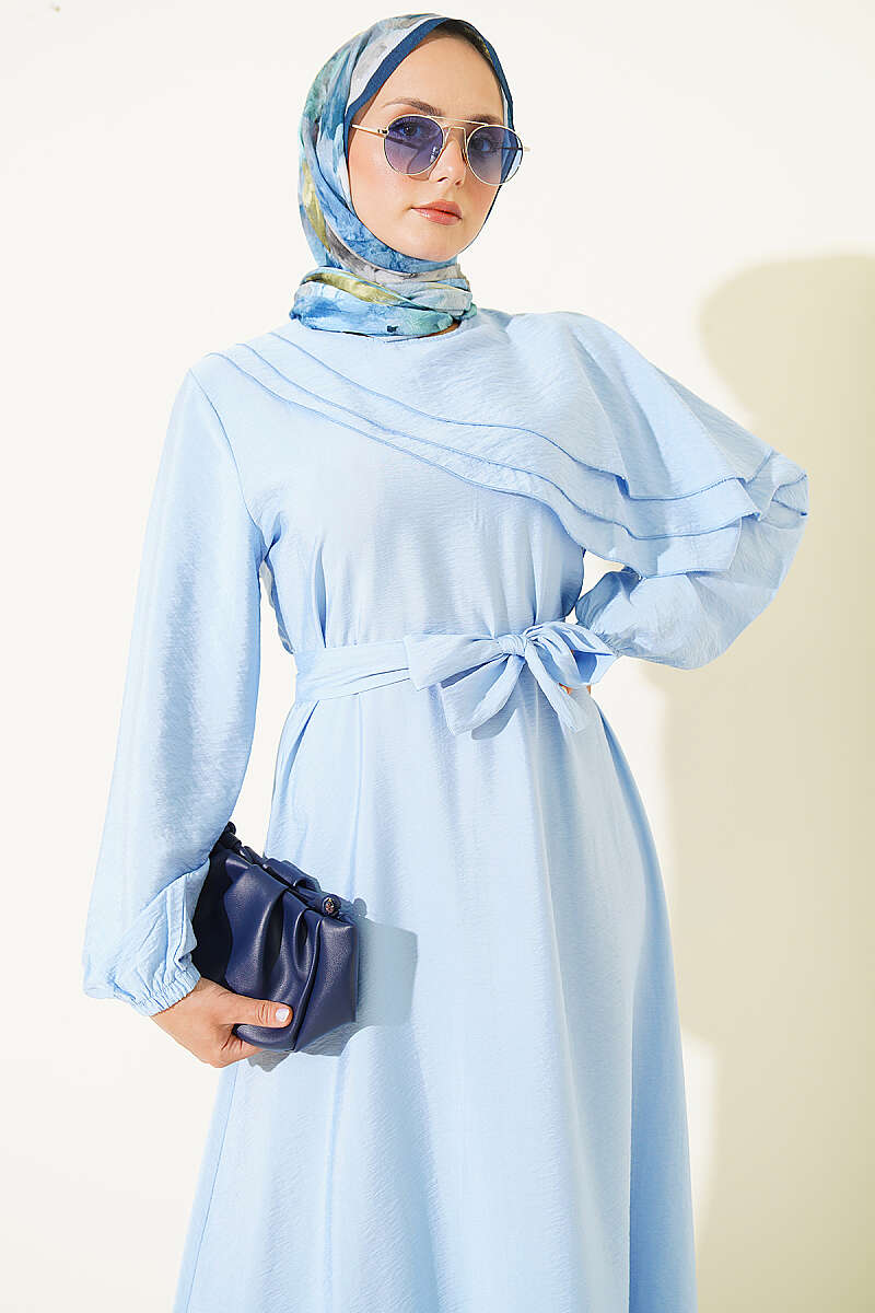 Dress with Cross Ruffle Detail - Light Blue