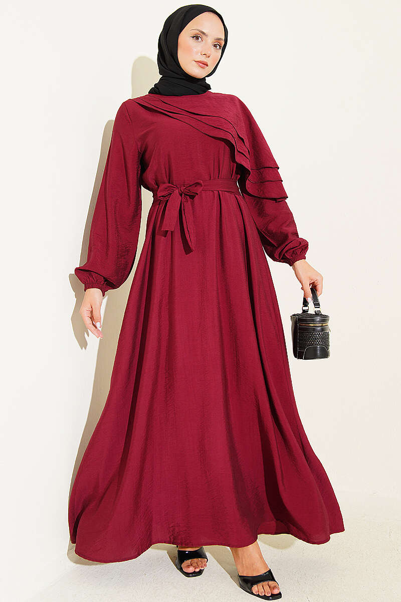 Dress with Cross Ruffle Detail - Burgundy