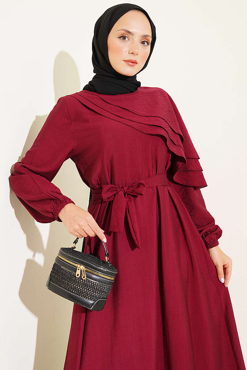 Dress with Cross Ruffle Detail - Burgundy