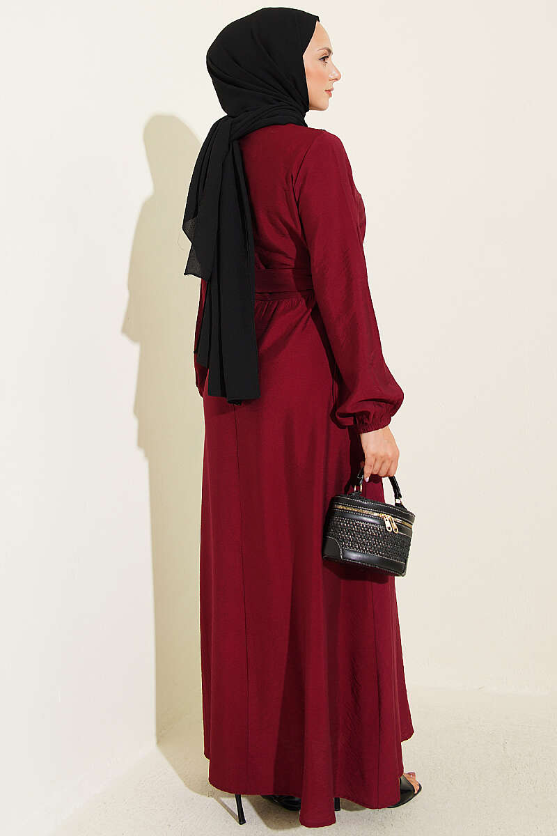 Dress with Cross Ruffle Detail - Burgundy