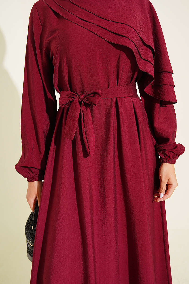 Dress with Cross Ruffle Detail - Burgundy