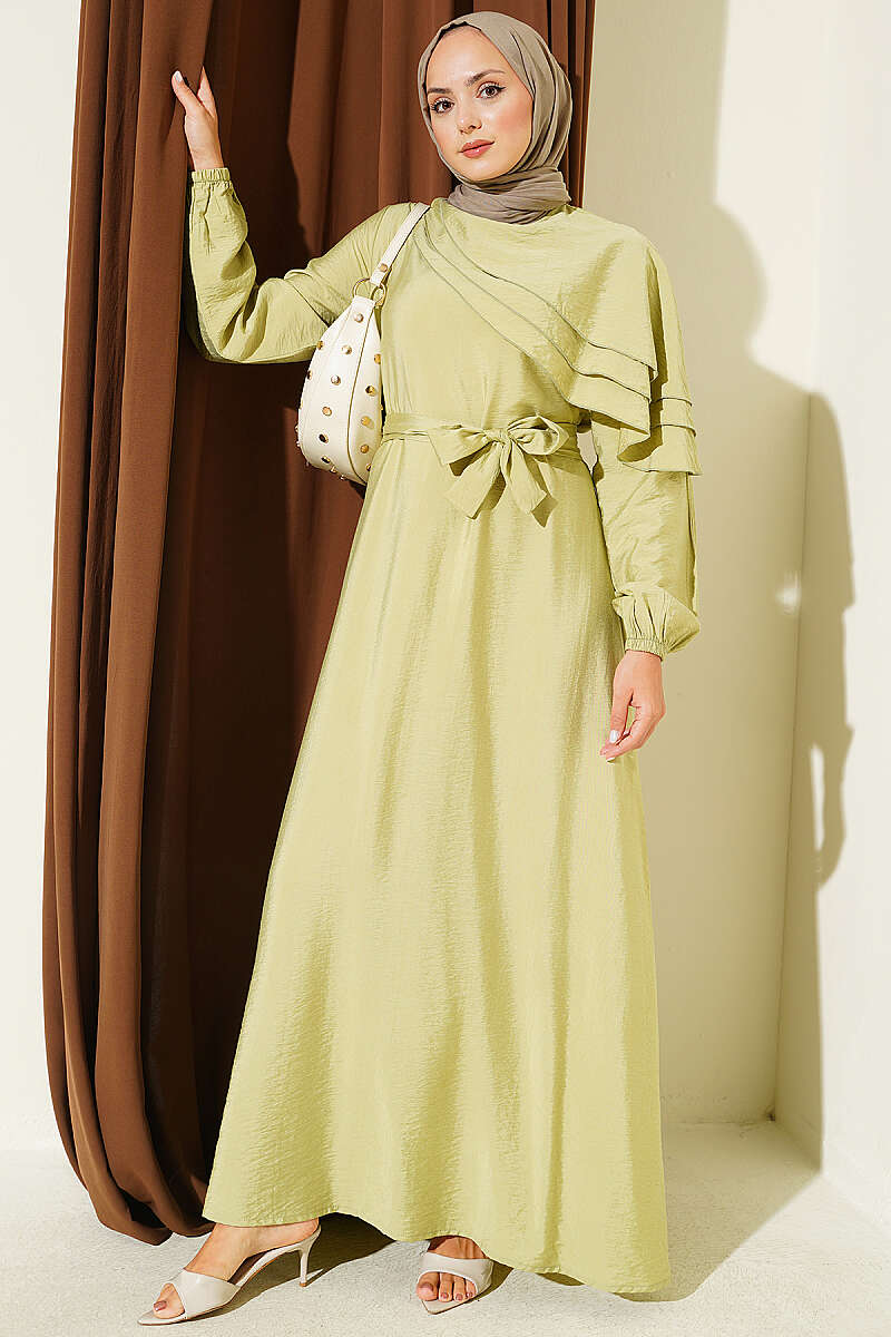 Dress with Cross Ruffle Detail - Almond Green