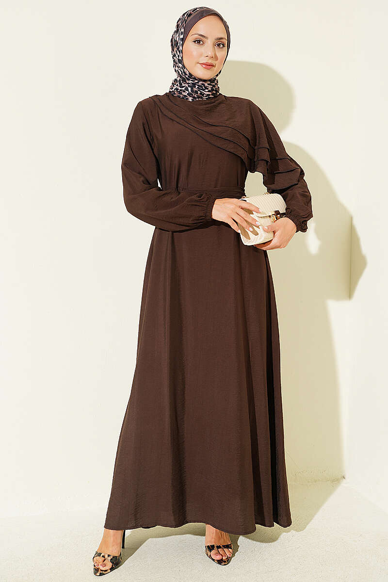 Dress with Cross Ruffle Detail - Brown