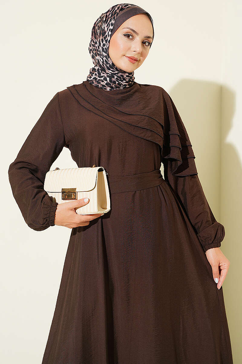 Dress with Cross Ruffle Detail - Brown