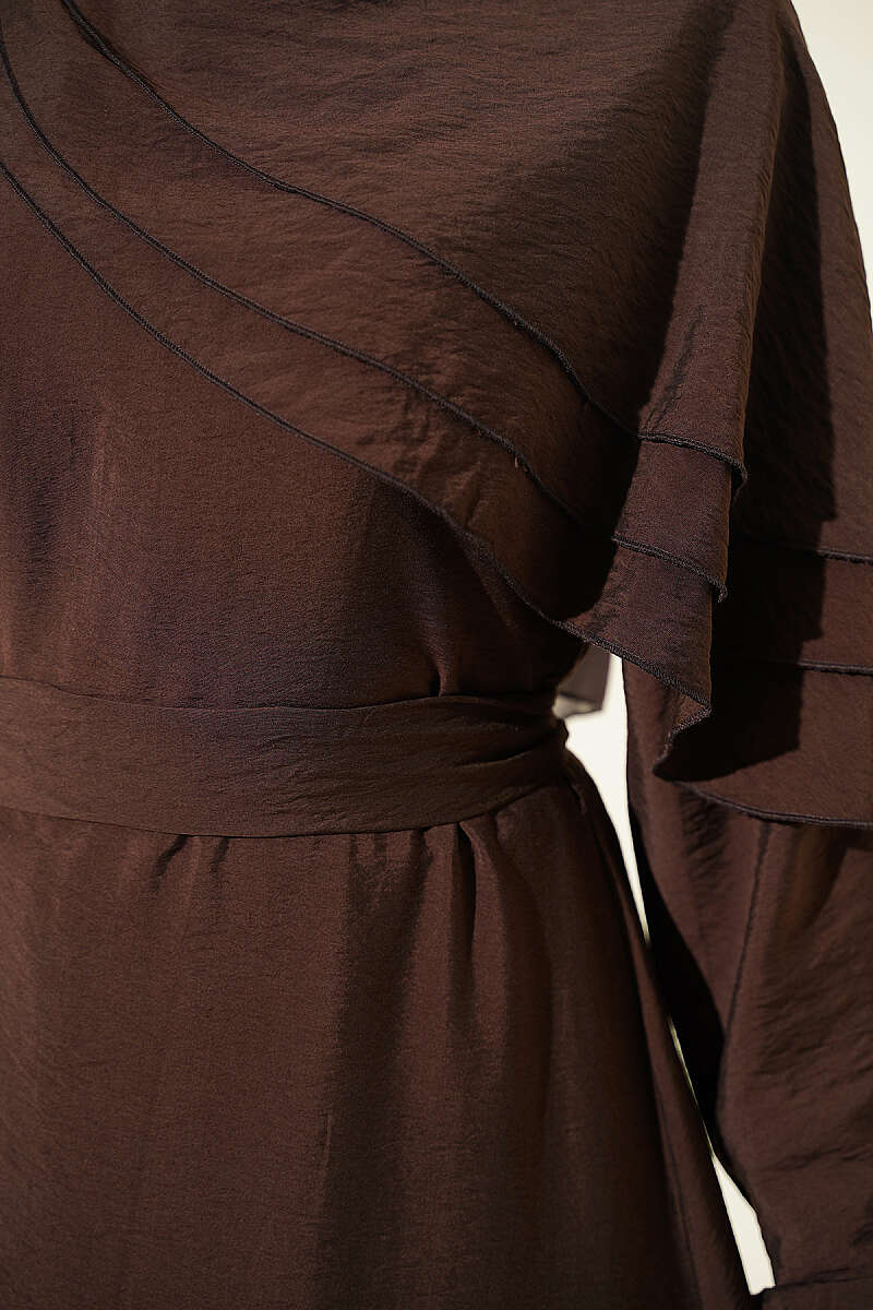 Dress with Cross Ruffle Detail - Brown