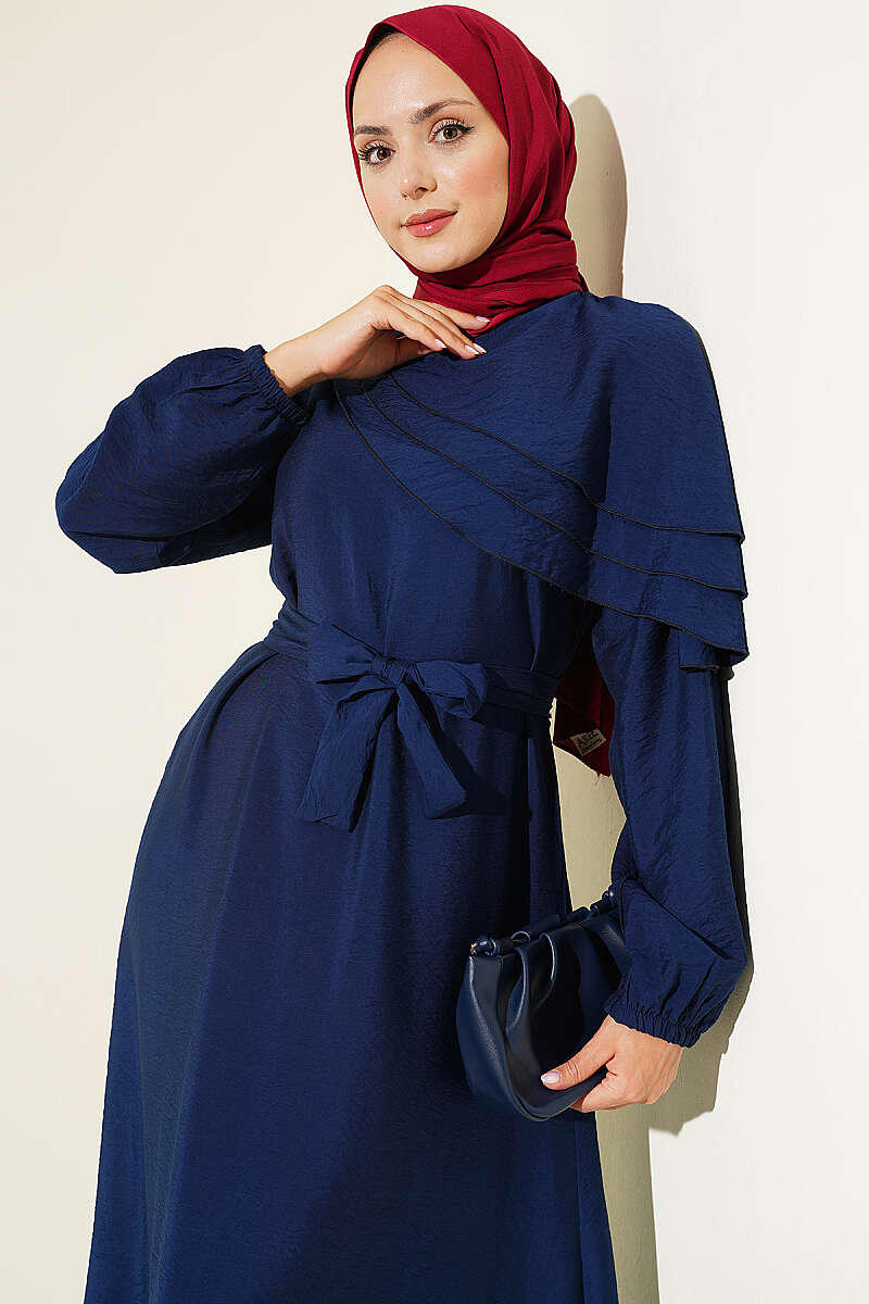 Dress with Cross Ruffle Detail - Navy