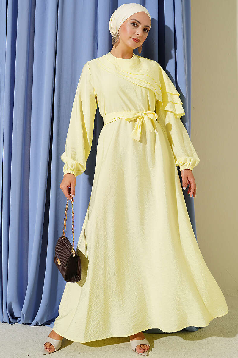Dress with Cross Ruffle Detail - Yellow