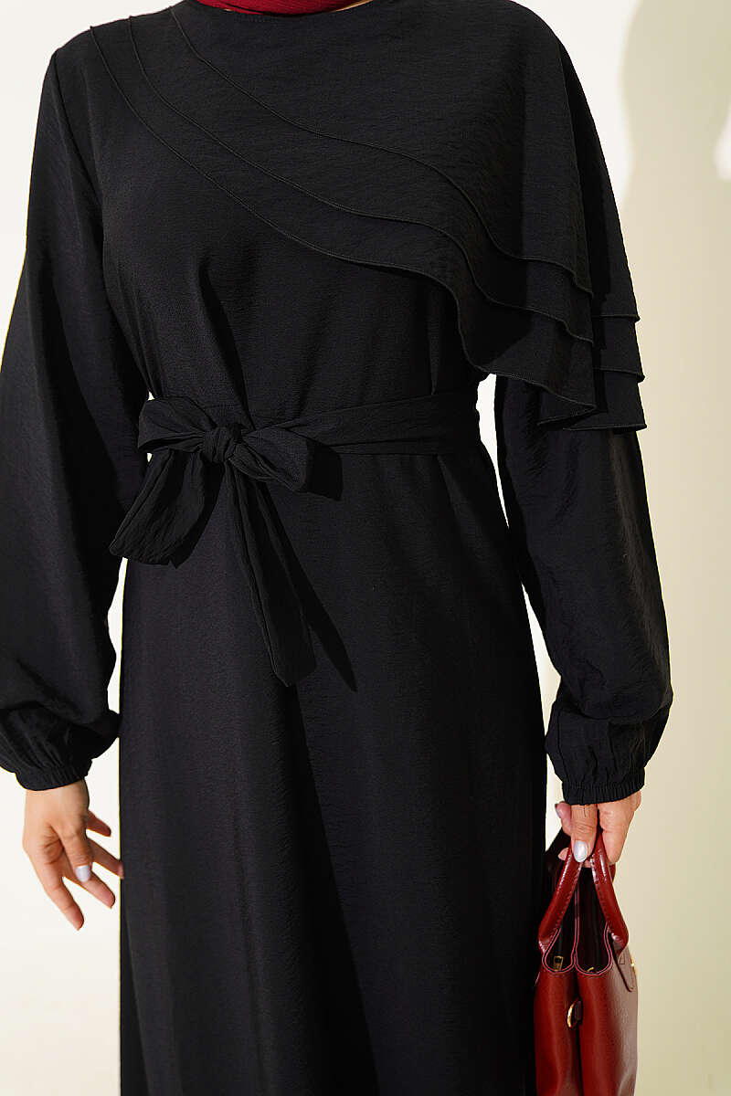 Dress with Cross Ruffle Detail - Black