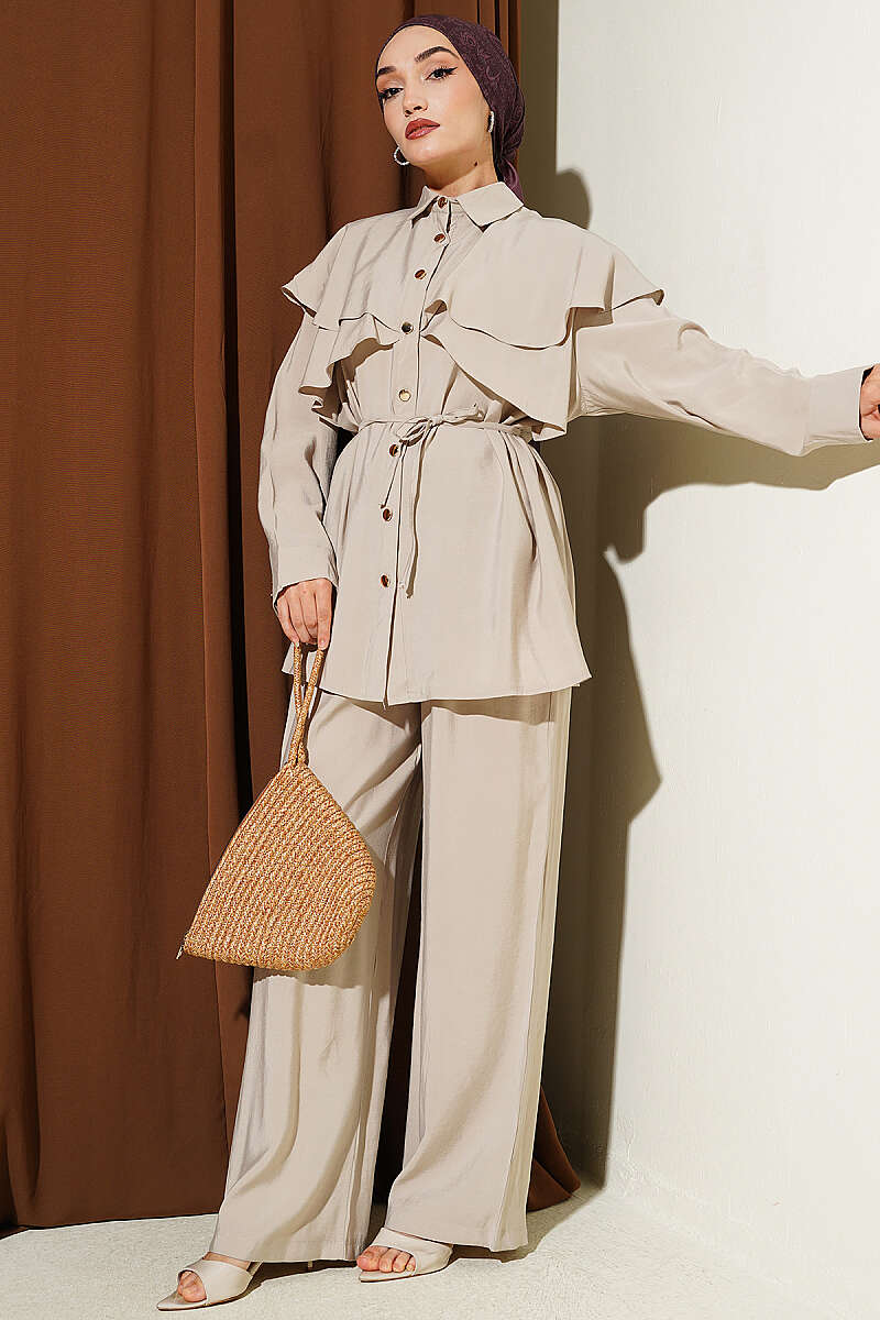 Modal Two-Piece Set with Cross Ruffle Cape - Beige
