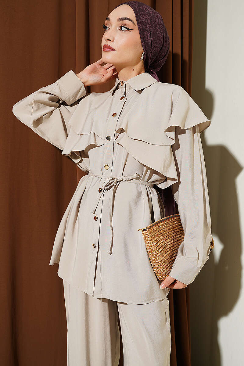 Modal Two-Piece Set with Cross Ruffle Cape - Beige