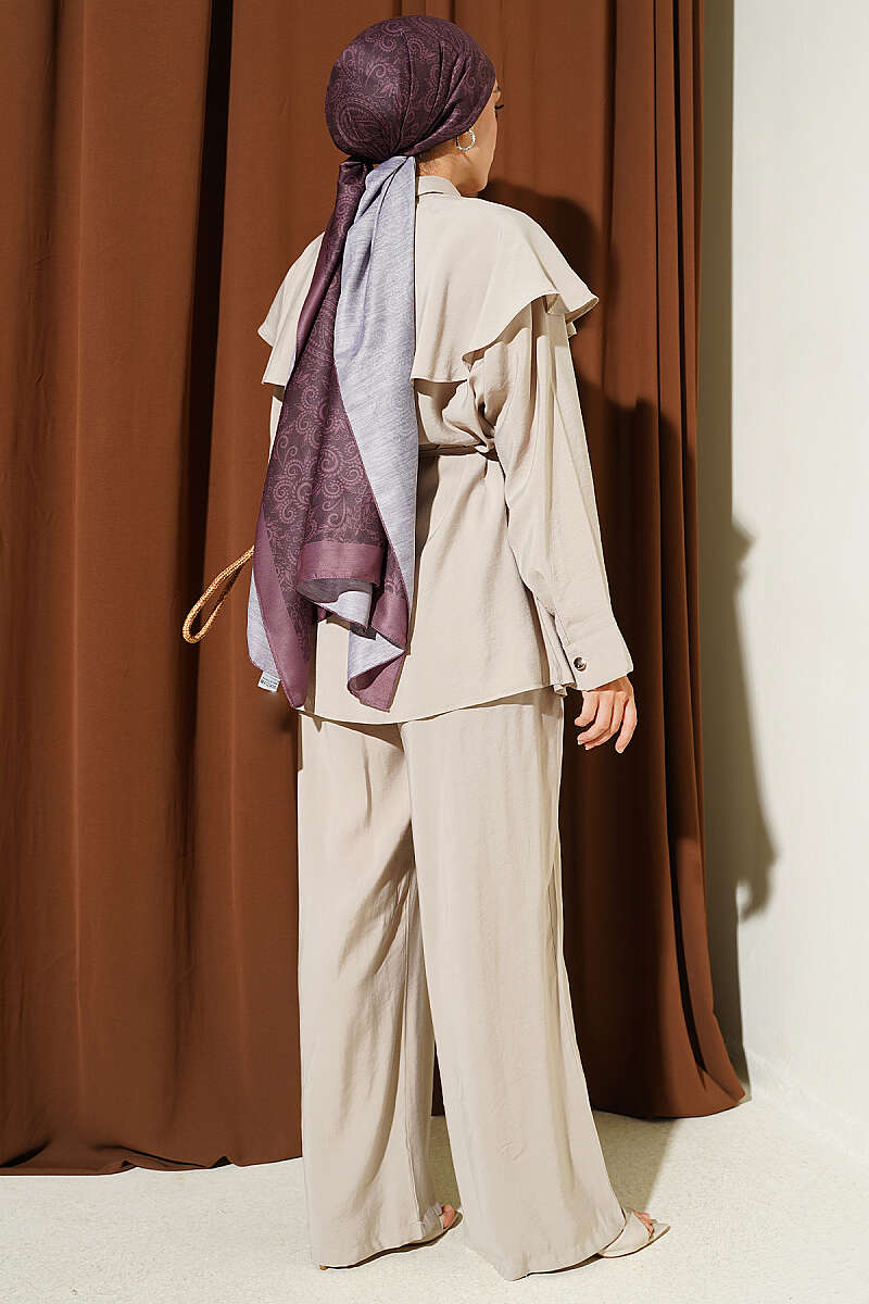 Modal Two-Piece Set with Cross Ruffle Cape - Beige