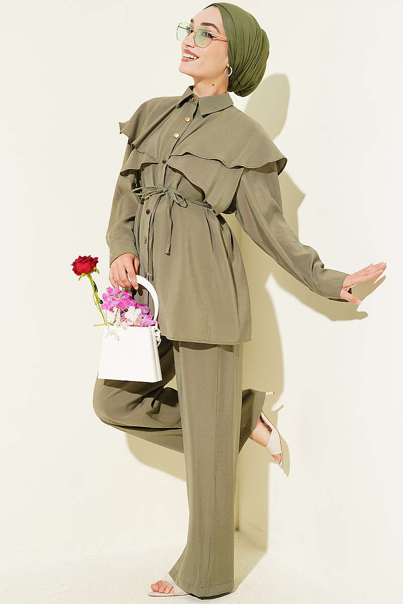 Modal Two-Piece Set with Cross Ruffle Cape - Khaki