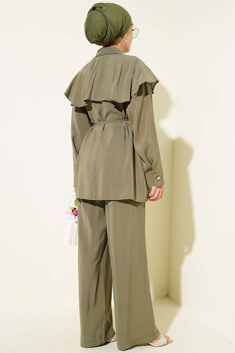 Modal Two-Piece Set with Cross Ruffle Cape - Khaki