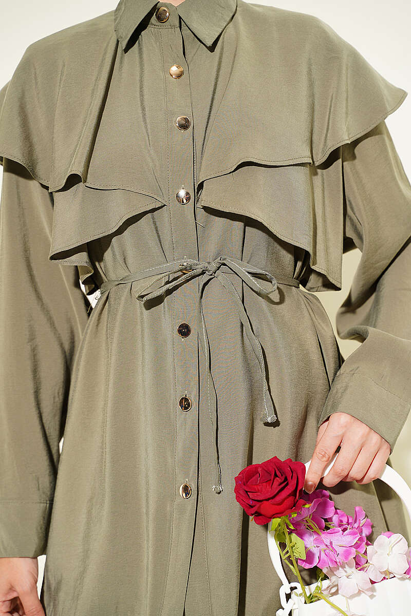 Modal Two-Piece Set with Cross Ruffle Cape - Khaki