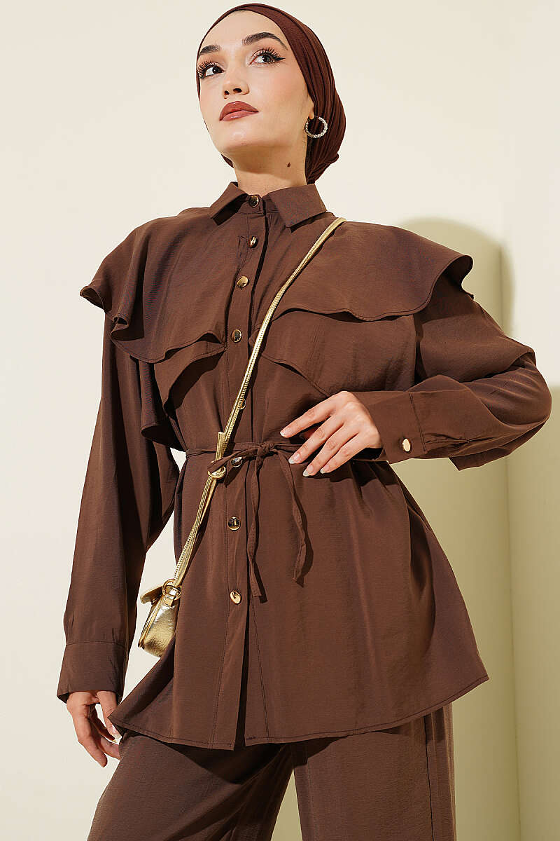 Modal Two-Piece Set with Cross Ruffle Cape - Brown