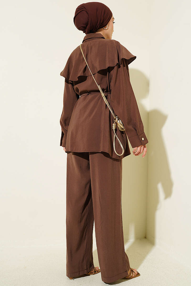 Modal Two-Piece Set with Cross Ruffle Cape - Brown