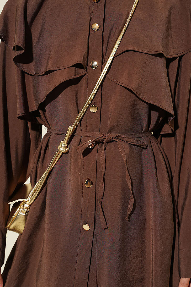 Modal Two-Piece Set with Cross Ruffle Cape - Brown
