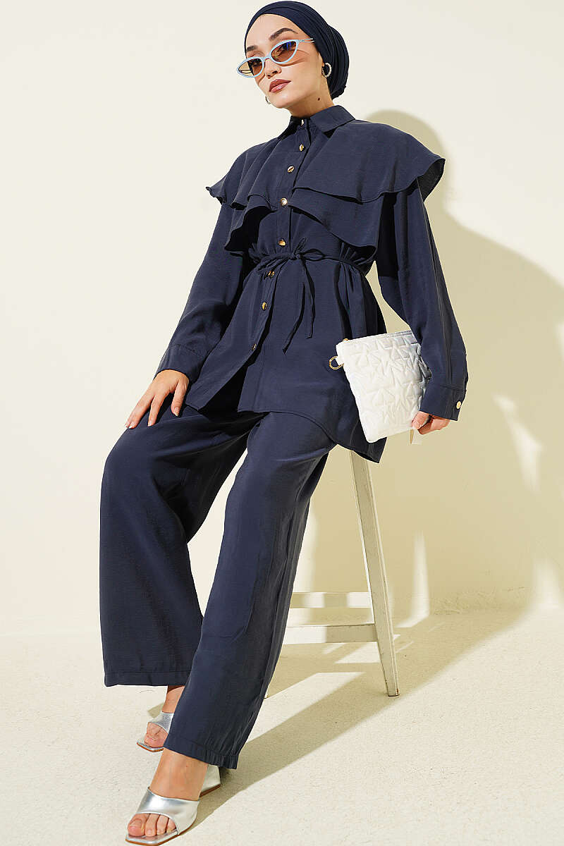 Modal Two-Piece Set with Cross Ruffle Cape - Navy