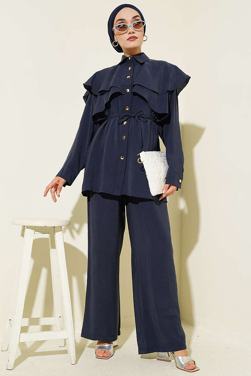 Modal Two-Piece Set with Cross Ruffle Cape - Navy