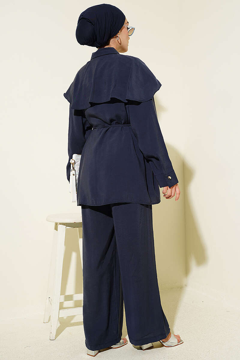 Modal Two-Piece Set with Cross Ruffle Cape - Navy