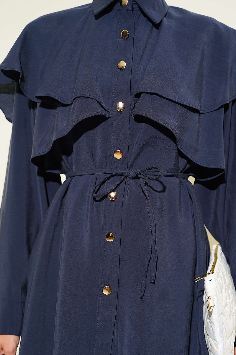 Modal Two-Piece Set with Cross Ruffle Cape - Navy