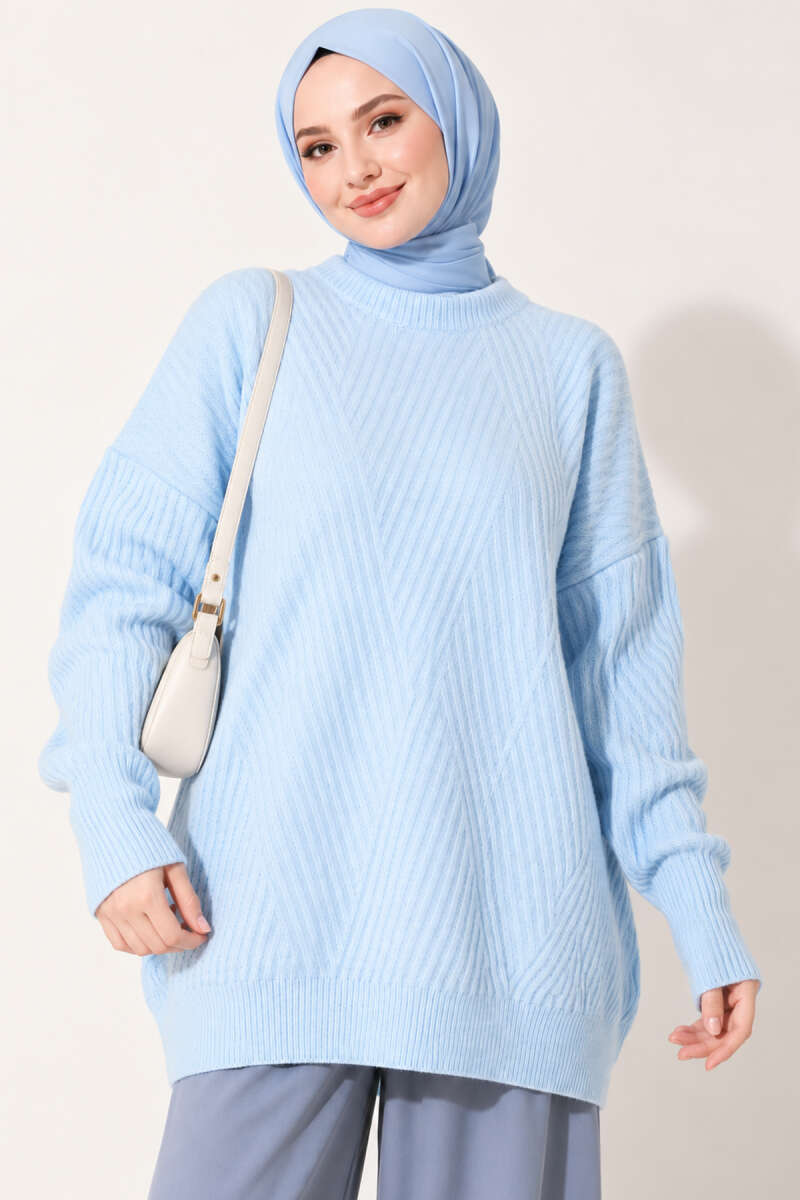 Long Cross-Rib Knit Tunic - Light Blue