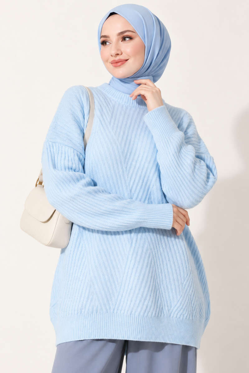 Long Cross-Rib Knit Tunic - Light Blue
