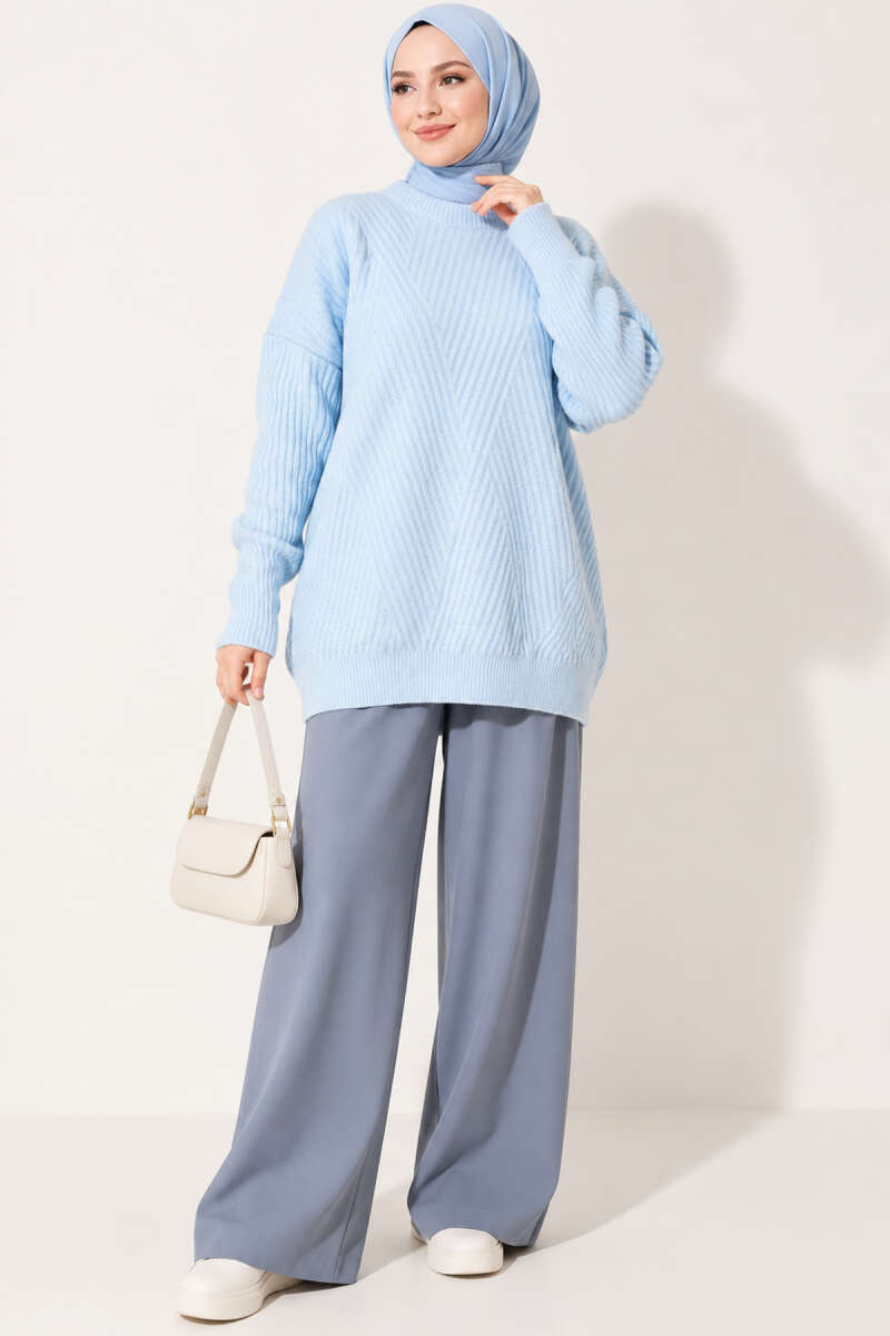 Long Cross-Rib Knit Tunic - Light Blue
