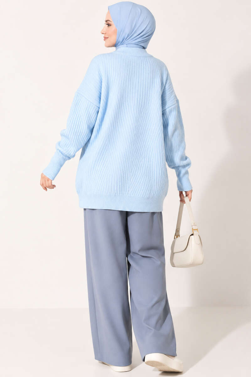 Long Cross-Rib Knit Tunic - Light Blue