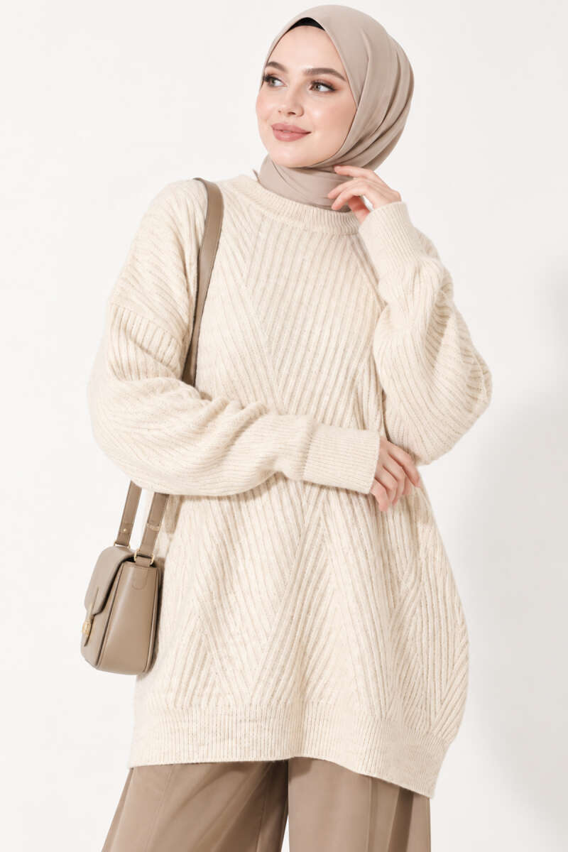 Long Cross-Rib Knit Tunic - Beige