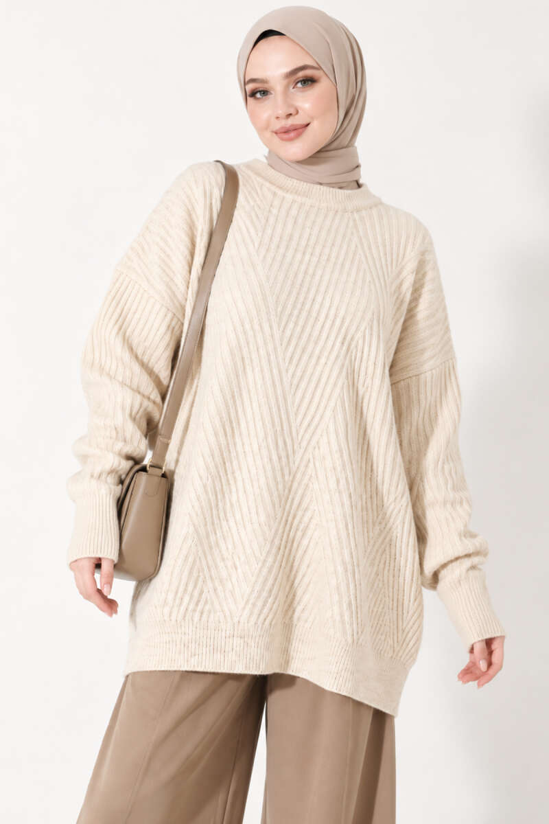 Long Cross-Rib Knit Tunic - Beige
