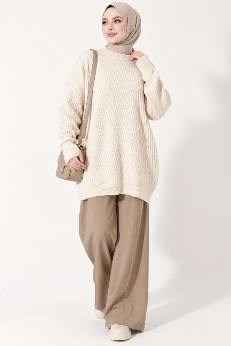 Long Cross-Rib Knit Tunic - Beige