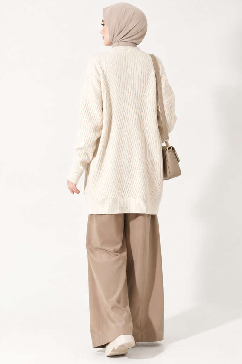 Long Cross-Rib Knit Tunic - Beige