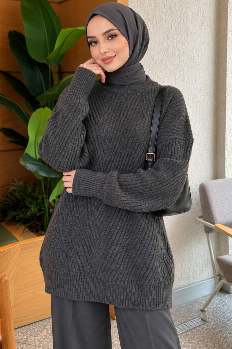 Long Cross-Rib Knit Tunic - Smoke Grey