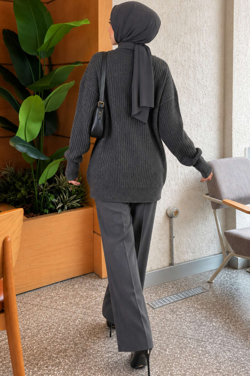 Long Cross-Rib Knit Tunic - Smoke Grey