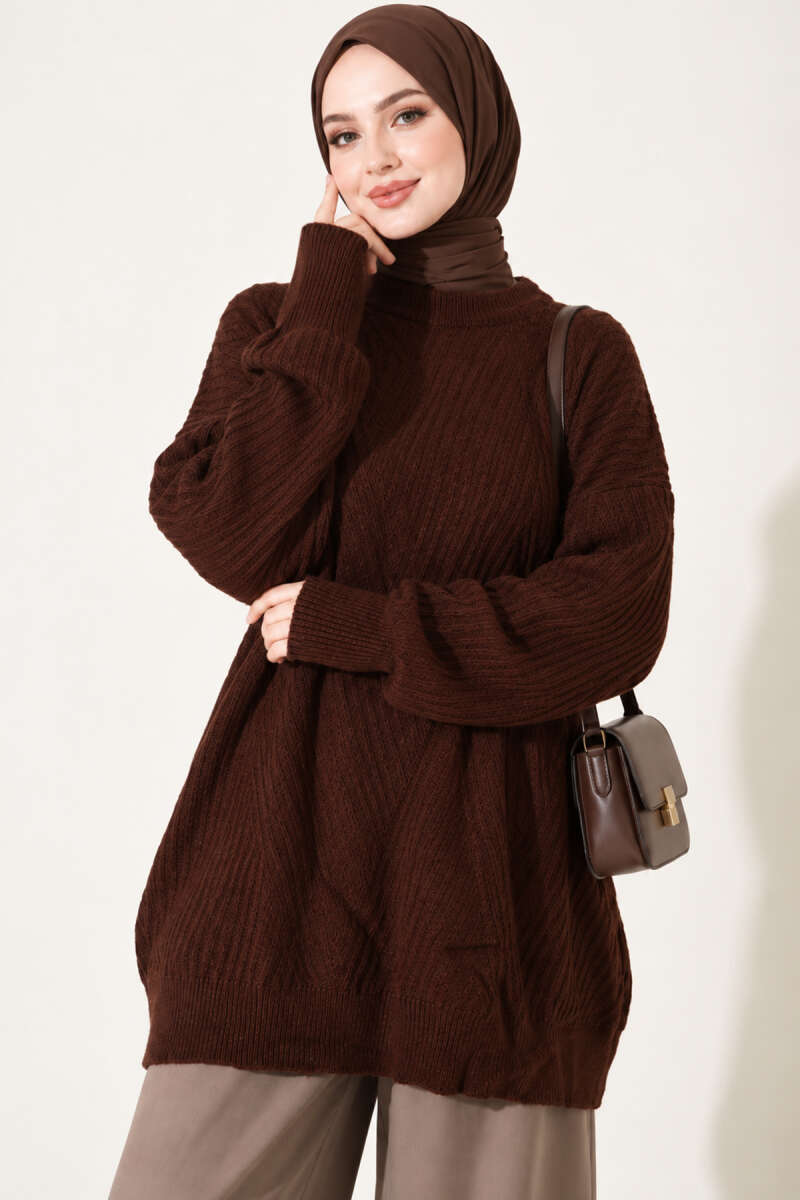 Long Cross-Rib Knit Tunic - Brown
