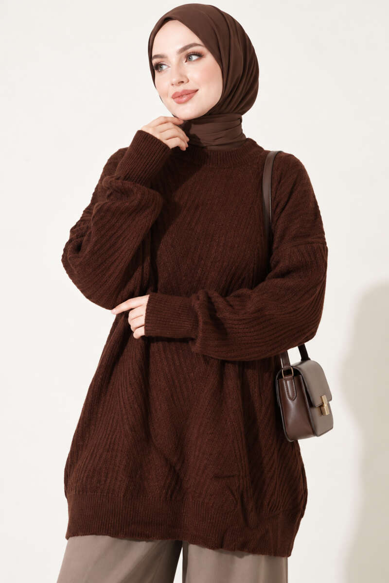 Long Cross-Rib Knit Tunic - Brown