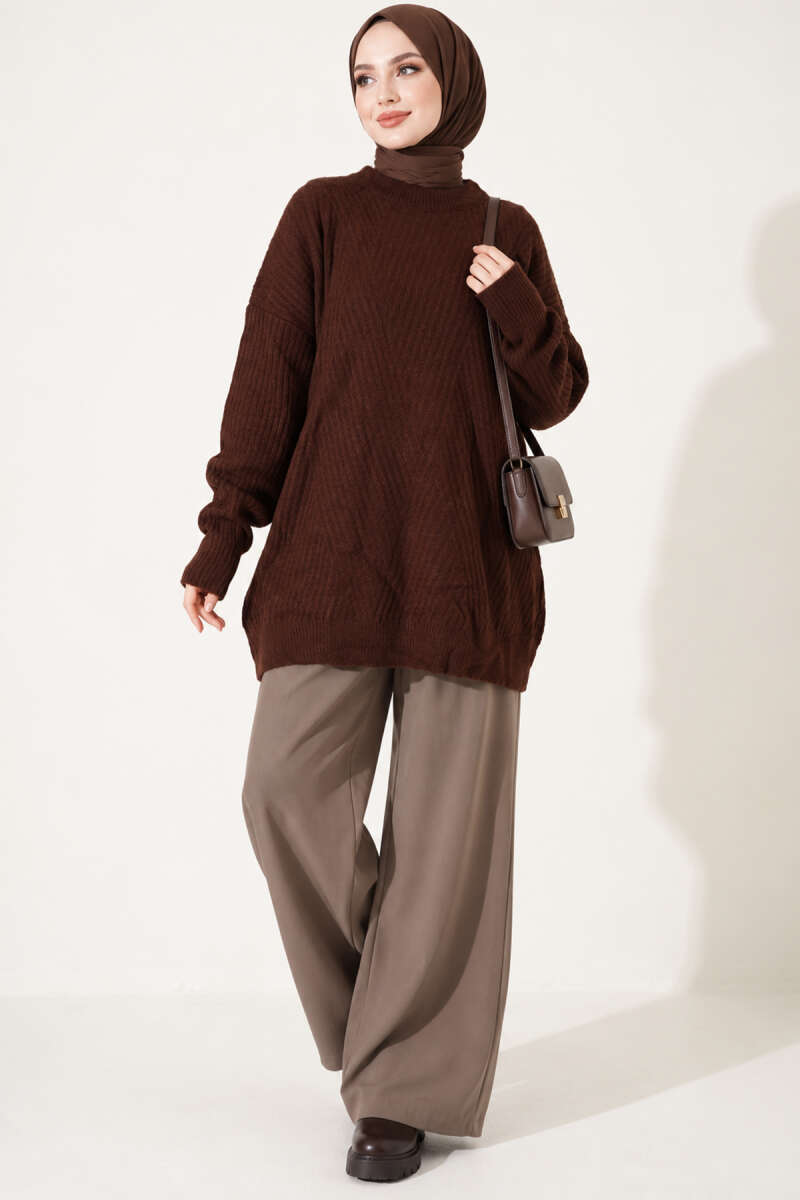 Long Cross-Rib Knit Tunic - Brown
