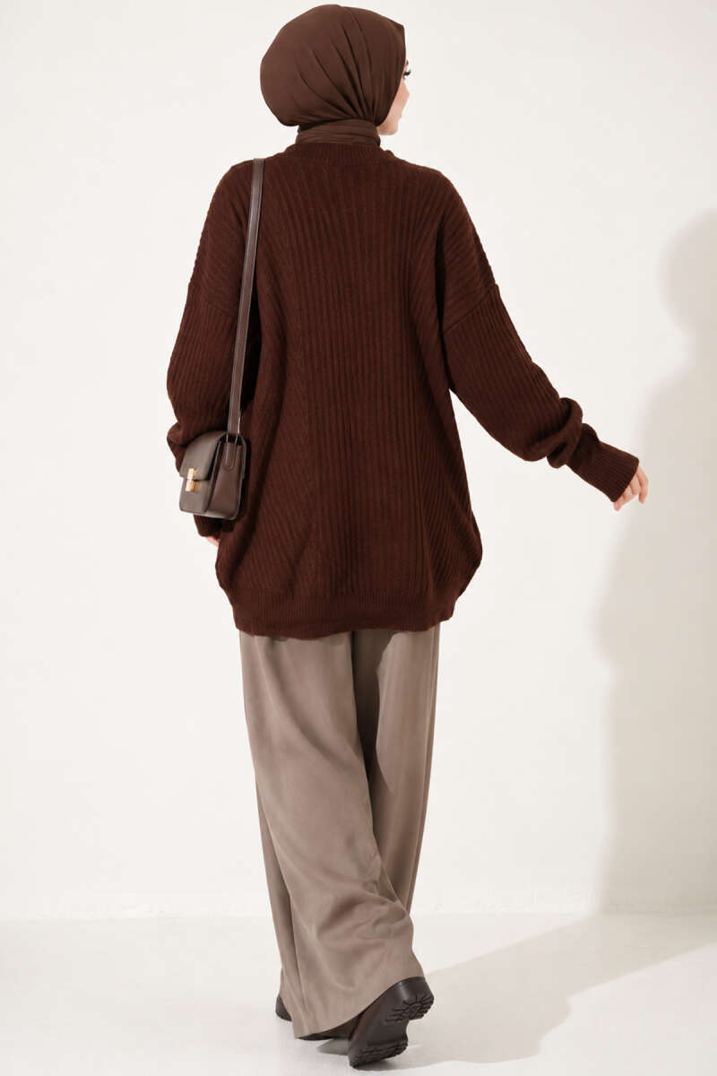 Long Cross-Rib Knit Tunic - Brown