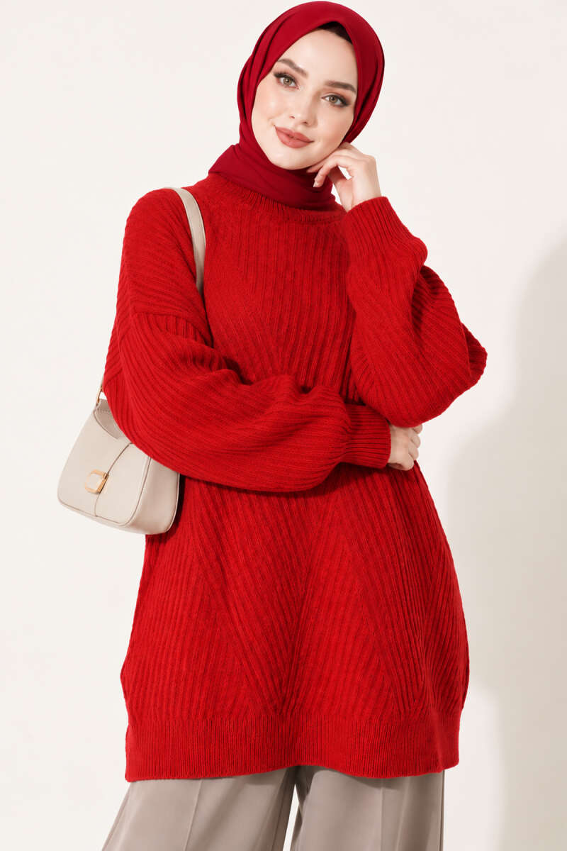 Long Cross-Rib Knit Tunic - Red