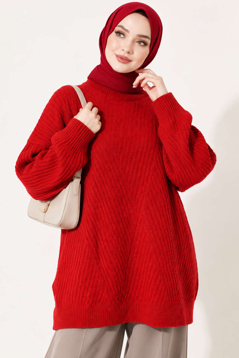 Long Cross-Rib Knit Tunic - Red
