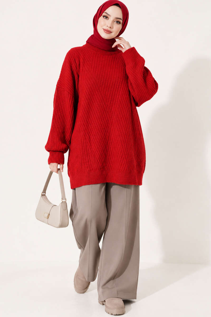 Long Cross-Rib Knit Tunic - Red