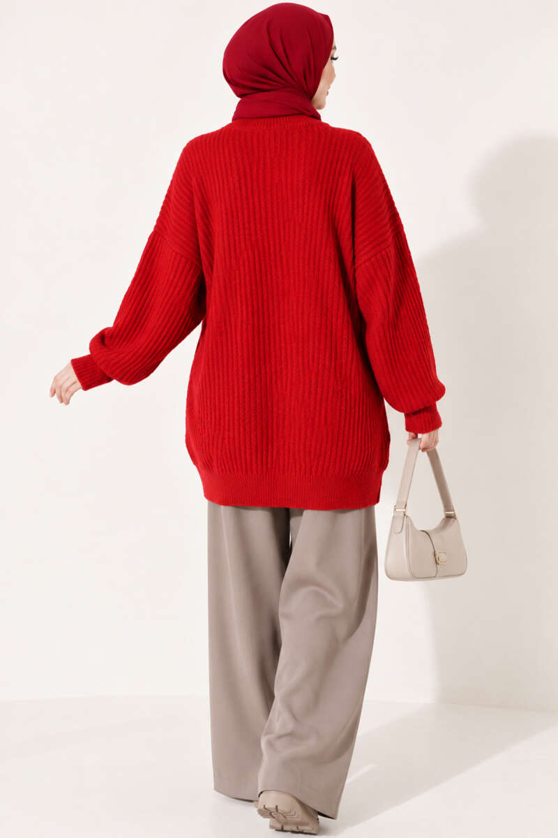 Long Cross-Rib Knit Tunic - Red