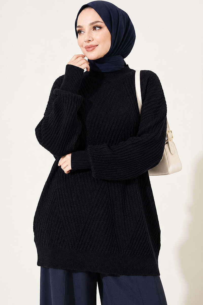 Long Cross-Rib Knit Tunic - Dark Navy