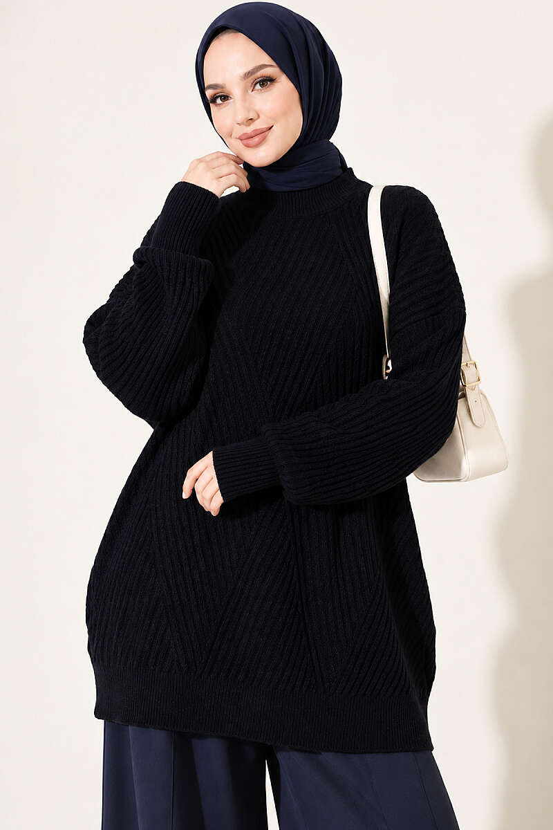 Long Cross-Rib Knit Tunic - Dark Navy