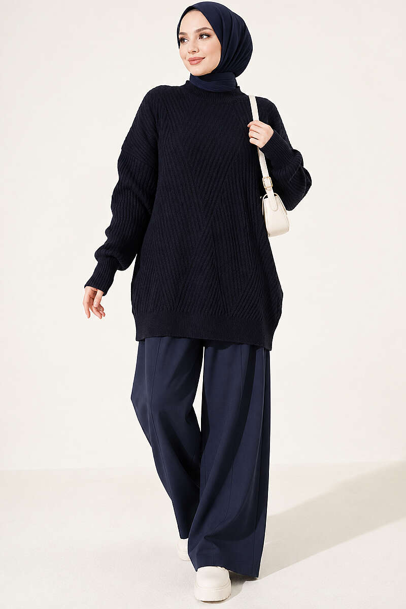 Long Cross-Rib Knit Tunic - Dark Navy