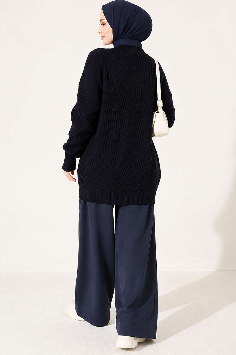 Long Cross-Rib Knit Tunic - Dark Navy